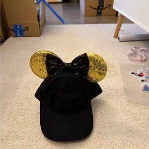 Black Minnie Ears Cap with Gold Sequin Ears and Bow
